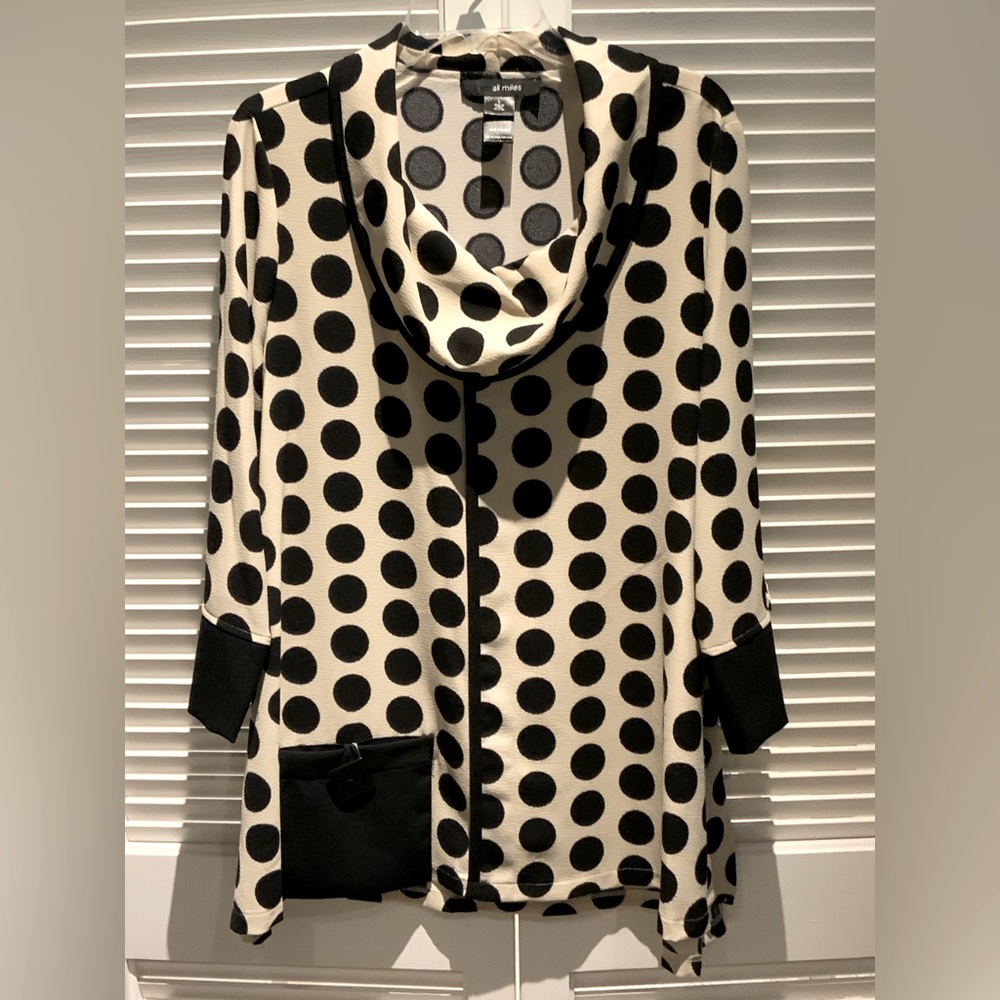 Ali Miles Tunic Cowl Neck Black Polka Dot Top sz L